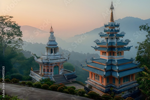 Serene Mountain Temples at Dawn Surrounded by Misty Hills photo