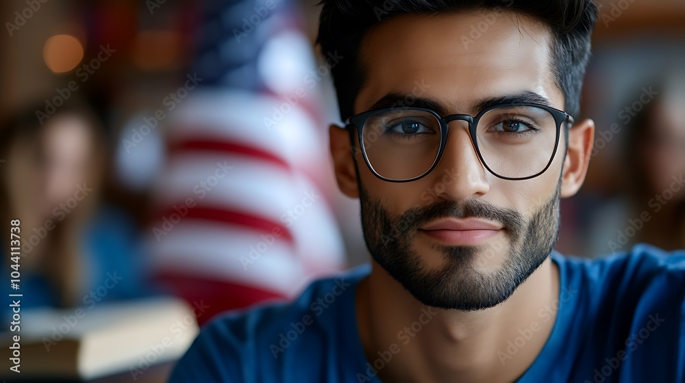 Obraz premium A young man with a beard and glasses looks confidently at the camera.