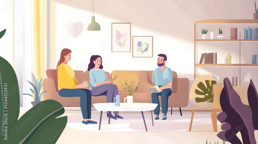 Fototapeta premium A social worker talking with a family in a living room