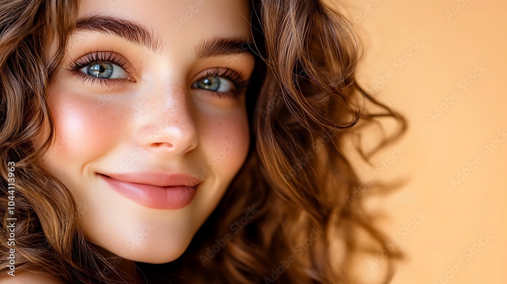 Fototapeta premium Close-up portrait of a young woman with long, curly brown hair, smiling at the camera. She has blue eyes and freckles.