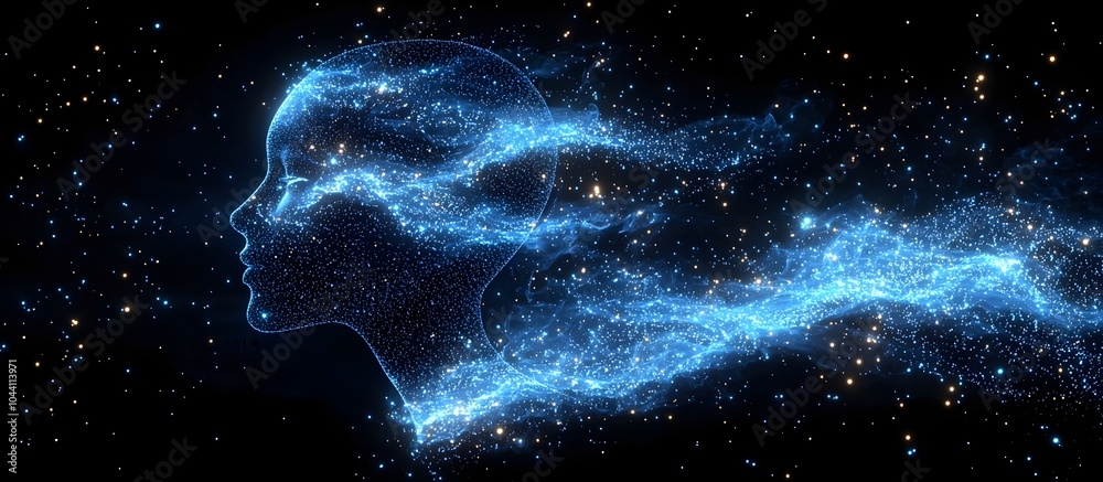 A tranquil silhouette of a human head, made of shimmering stardust, exudes a sense of serenity and connection to the cosmos amidst a star-filled background. A tranquil silhouette of a human head, made of shimmering stardust, exudes a sense of serenity and connection to the cosmos amidst a star-filled background.