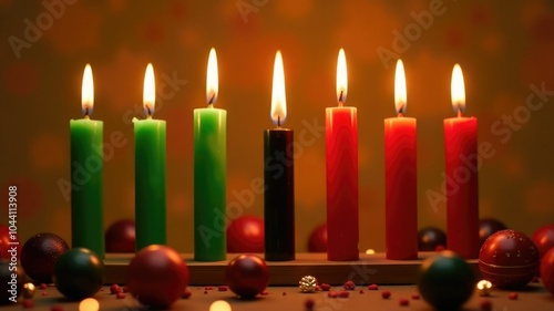 Seven lit candles on kinara celebrating unity and african heritage during kwanzaa festival photo