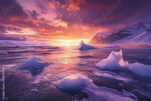 Icy glacier with intense colors in the sky