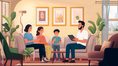A social worker talking with a family in a living room