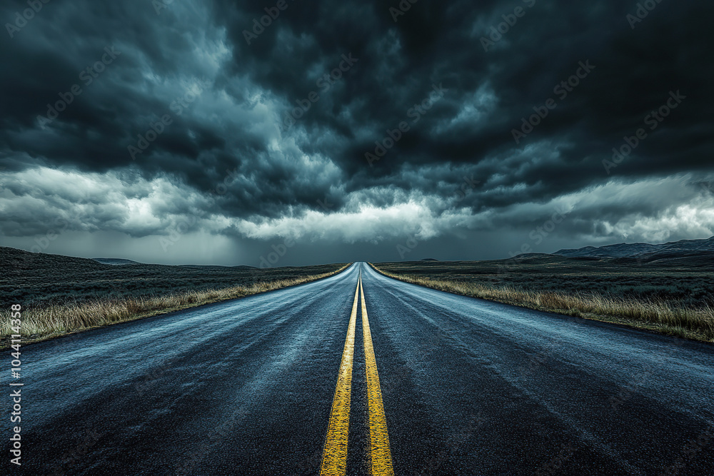 Scenic Empty Road Leading to the Horizon under Intense Dark Clouds Scenic Empty Road Leading to the Horizon under Intense Dark Clouds