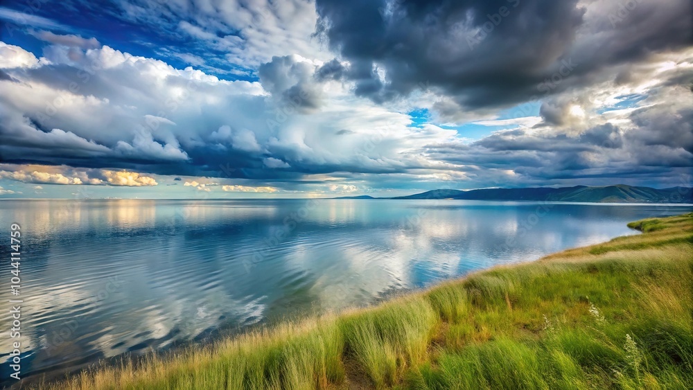 Obraz premium Scenic view of Baikal lake with clouds reflection and grass in foreground