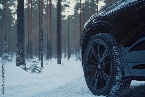 Cold winter day on a snowy country road with a car.