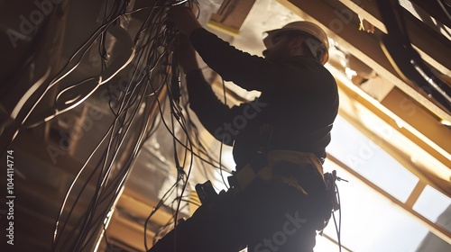 An electrician installing wiring in a new building