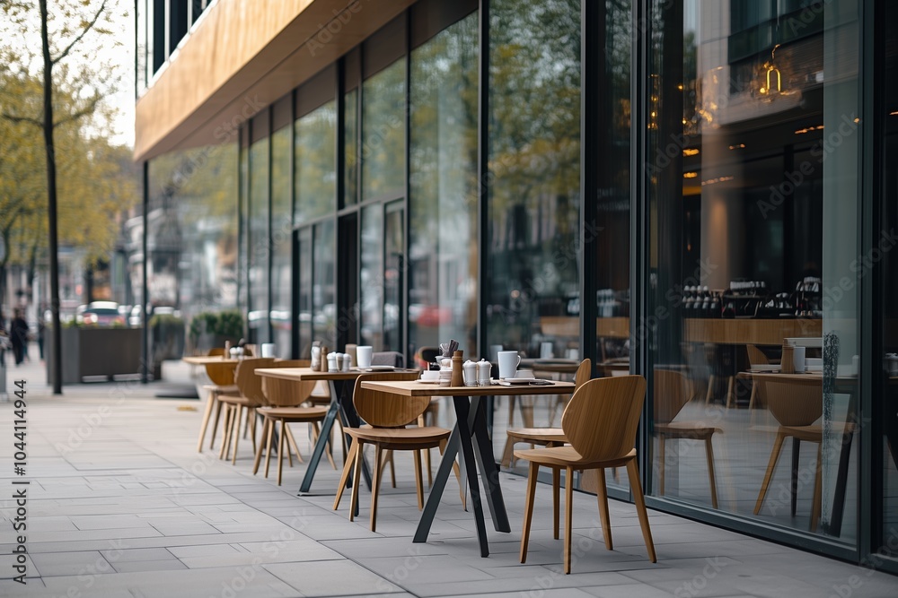 Fototapeta premium Neatly set cafe with large glass windows