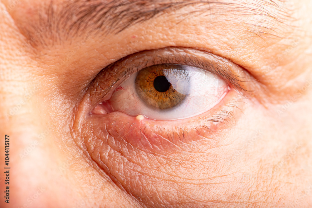 Ophthalmic hordeolum, close-up of an adult male eye with a stye (ophthalmic hordeolum), selective focus. Ophthalmic hordeolum, close-up of an adult male eye with a stye (ophthalmic hordeolum), selective focus.
