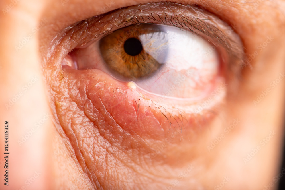 Fototapeta premium Ophthalmic hordeolum, close-up of an adult male eye with a stye (ophthalmic hordeolum), selective focus.