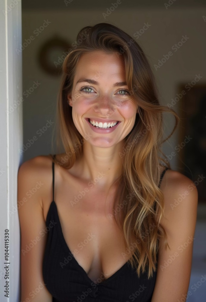 A smiling Caucasian young beautiful woman from France, embodying warmth and joy. Her relaxed demeanor and carefree expression convey a sense of happiness and approachability. Generative AI A smiling Caucasian young beautiful woman from France, embodying warmth and joy. Her relaxed demeanor and carefree expression convey a sense of happiness and approachability. Generative AI