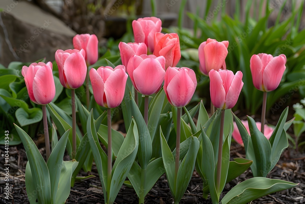 Fototapeta premium Vibrant Pink Tulips Blooming in a Lush Garden Setting