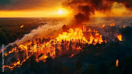 A forest ablaze at sunset, with thick smoke rising as the sun casts an orange glow over the burning trees.