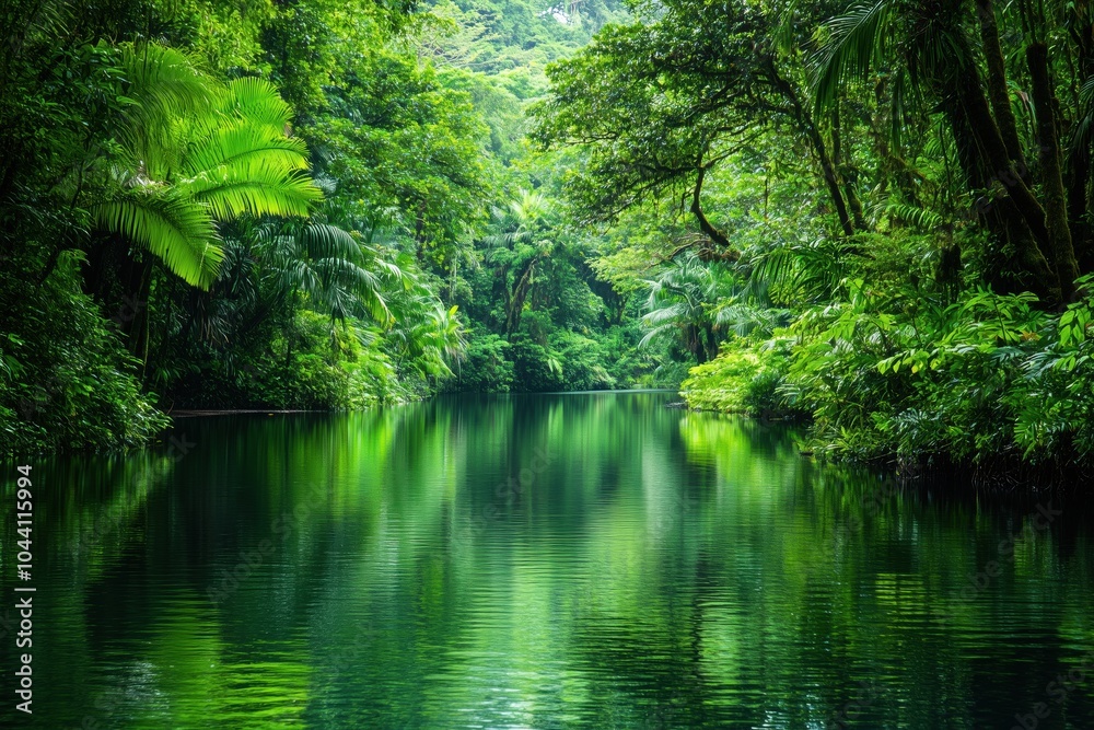 Rainforest with lush greenery and peaceful river Rainforest with lush greenery and peaceful river
