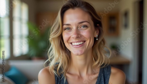 A smiling Caucasian young beautiful woman from France, embodying warmth and joy. Her relaxed demeanor and carefree expression convey a sense of happiness and approachability. Generative AI