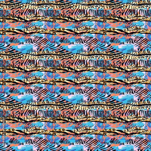 Fun girly camouflage pattern in vibrant stripes and spotted seamless design . Modern skin texture patched effect for festival and beach wear style in repeat .