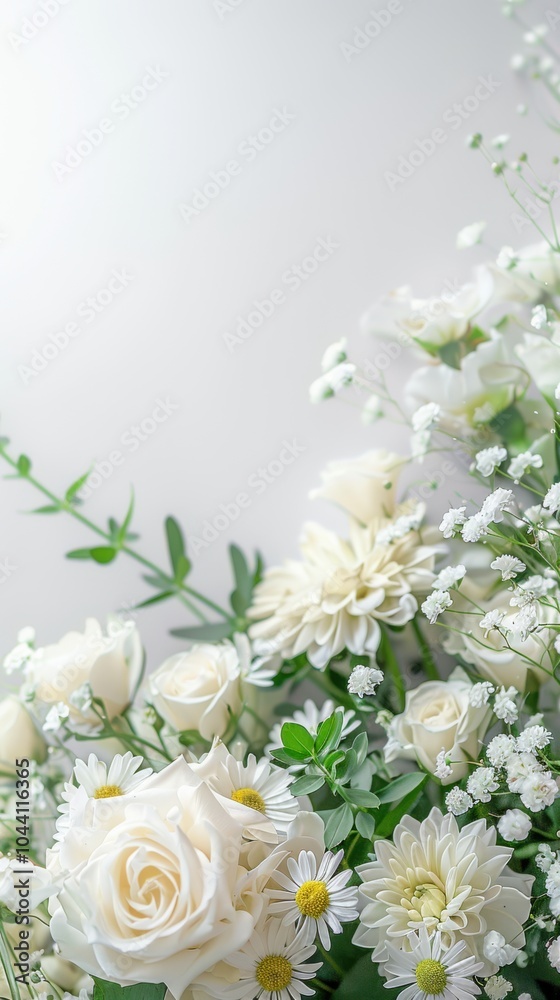 A bouquet of white roses and small flowers with greenery on a light background A bouquet of white roses and small flowers with greenery on a light background