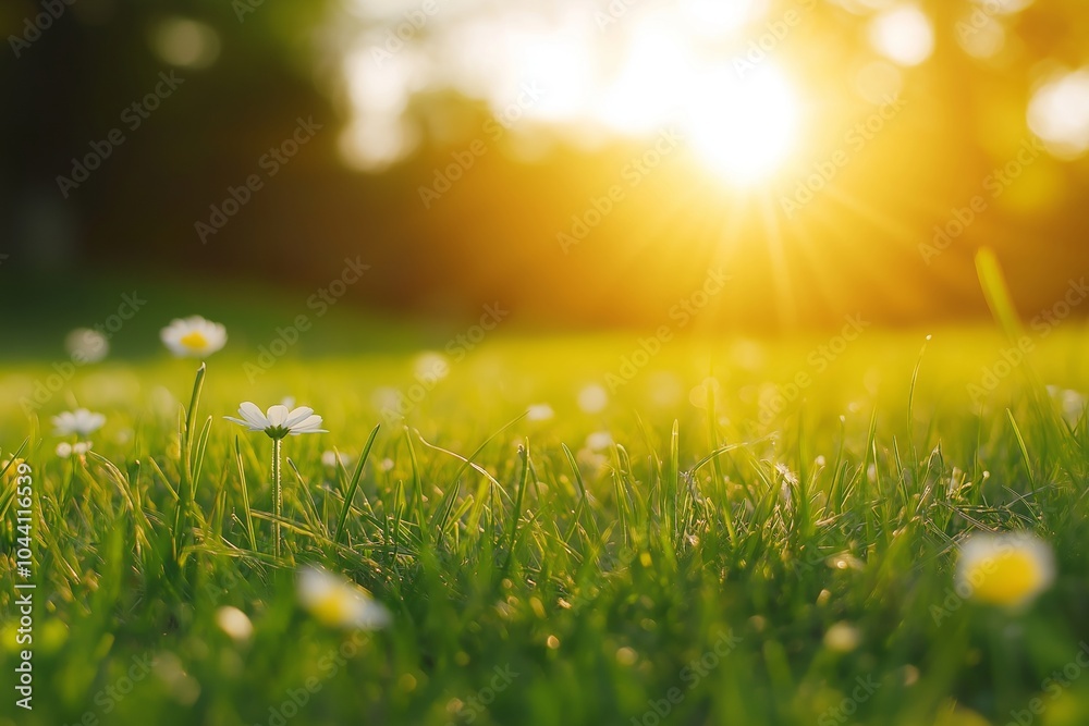 Obraz premium Bright morning sunlight casts warmth over dewy grass, highlighting daisies, symbolizing freshness and new beginnings.