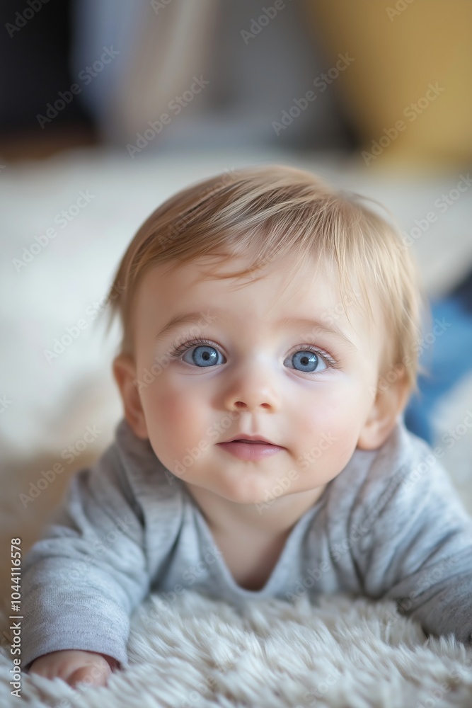 A charming baby boy with bright blue eyes looks curiously, lying on a soft white carpet indoors. A charming baby boy with bright blue eyes looks curiously, lying on a soft white carpet indoors.