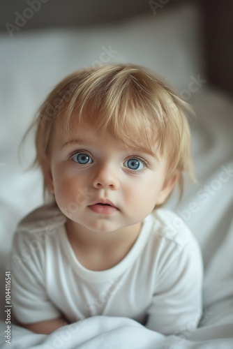 A baby with wide, captivating blue eyes gazes upwards, capturing innocence and wonder, full of curiosity.