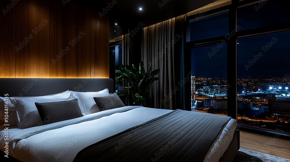 Modern bedroom with a large window overlooking a city skyline at night. Modern bedroom with a large window overlooking a city skyline at night.