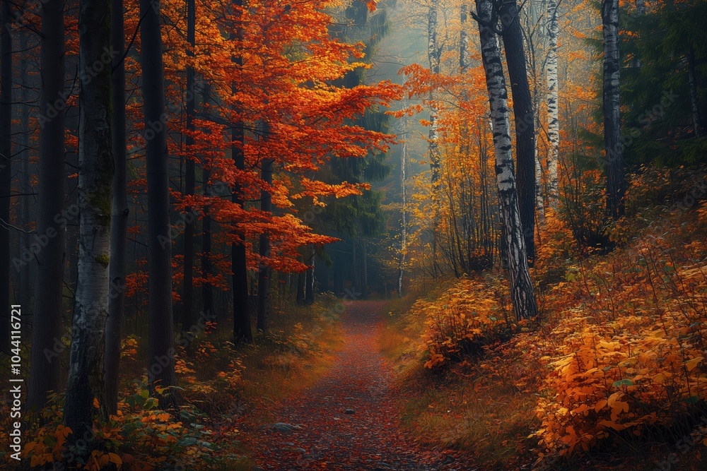 Fototapeta premium Autumn forest with warm colors and a narrow path