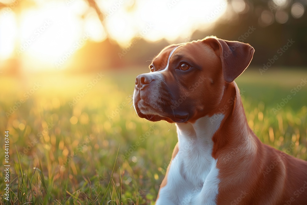A majestic dog gazes pensively across a sunlit field, basking in the warmth of a serene sunset moment. A majestic dog gazes pensively across a sunlit field, basking in the warmth of a serene sunset moment.