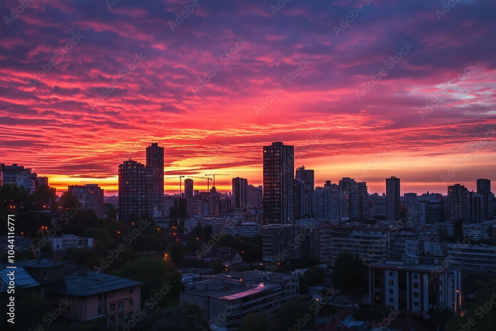 Fototapeta premium Skyscrapers silhouette against a vibrant pink and purple sunset, capturing the dynamism and beauty of urban living.