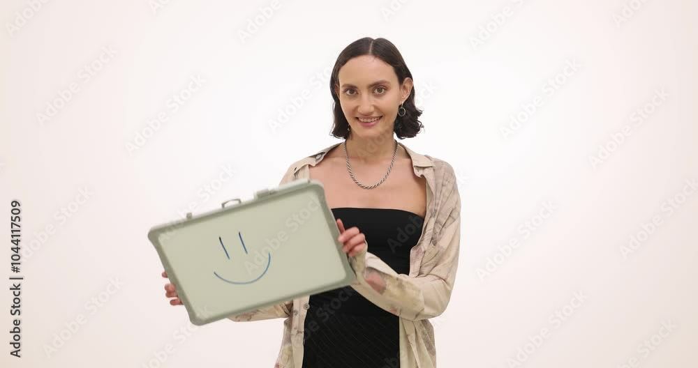Joyful woman smiles and holds whiteboard with smiley on white background. Drawing mirrors current positive mood of female slow motion Joyful woman smiles and holds whiteboard with smiley on white background. Drawing mirrors current positive mood of female slow motion