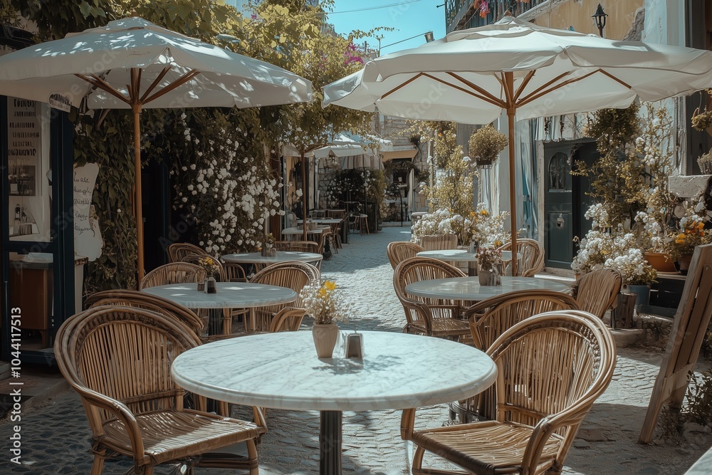 Obraz premium Street cafe with woven chairs and marble tables