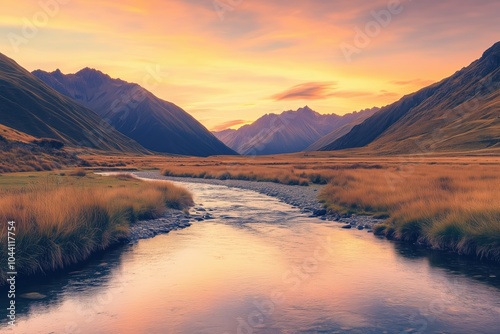 River landscape in the valley at sunset