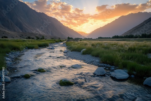 Picturesque valley at sunset with a clear river