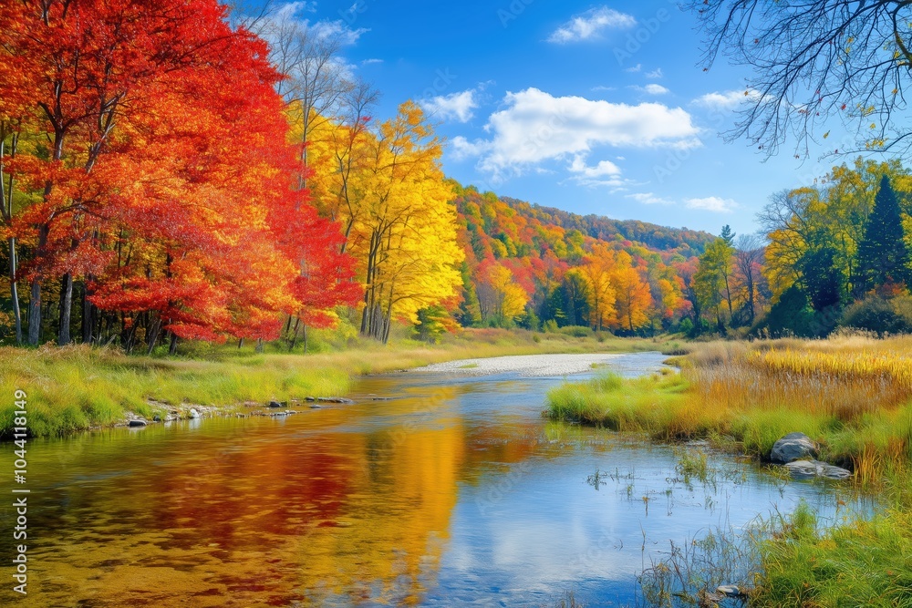 Autumn valley with golden trees and blue sky Autumn valley with golden trees and blue sky