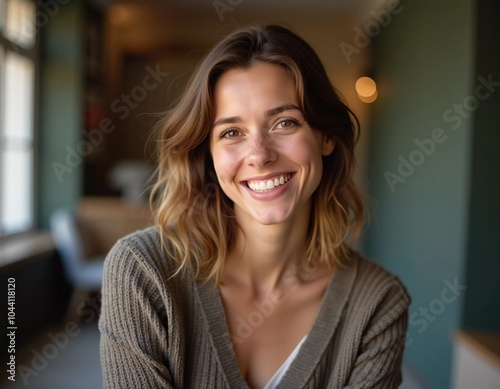 A smiling Caucasian young beautiful woman from France, embodying warmth and joy. Her relaxed demeanor and carefree expression convey a sense of happiness and approachability. Generative AI