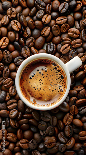 A white coffee cup with a brown liquid in it sits on top of a pile of coffee bea