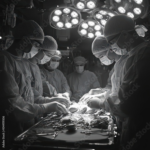 Surgeons in a sterile operating room during organ transplant surgery