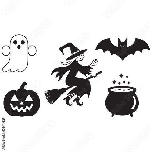 A set of black and white Halloween icons, including a ghost, a pumpkin, a witch on a broomstick, a bat, and a cauldron, all isolated on a white background.
