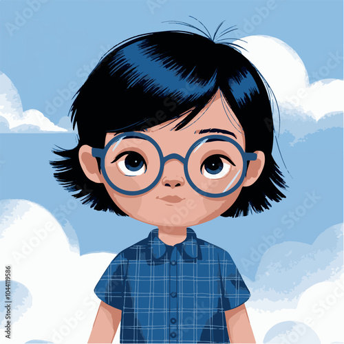 Illustration d'un jeune garçon avec des lunettes bleu foncé et une chemise vichy bleue

