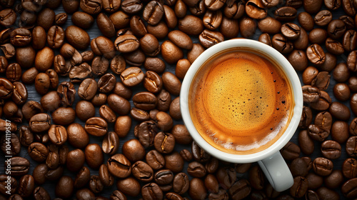 A white coffee cup with a brown liquid in it sits on top of a pile of coffee bea