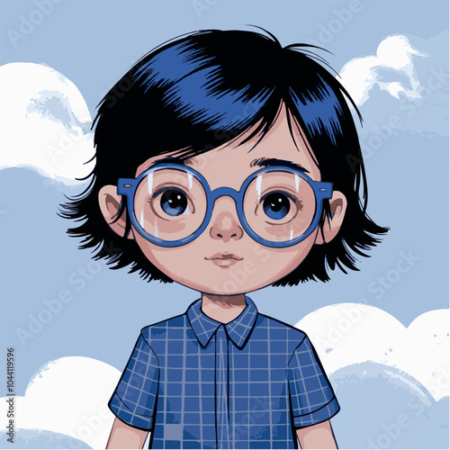 An illustration of a young boy with dark blue glasses and a blue gingham shirt