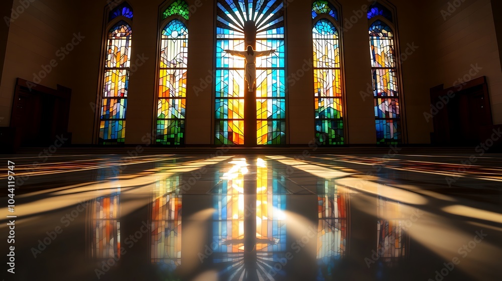 Sunlight streams through stained glass windows in a church, casting a cross-shaped pattern on the floor. Sunlight streams through stained glass windows in a church, casting a cross-shaped pattern on the floor.