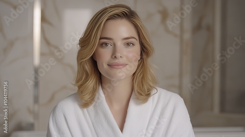 A cheerful woman stands in a sleek bathroom, wearing a white robe and showcasing her natural beauty while promoting skincare