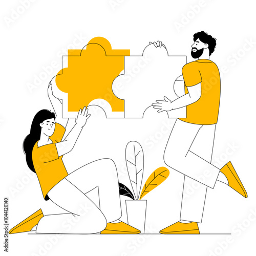 Man and woman are connecting puzzle elements.