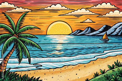 tropical beach vector at sunset with palm tree and sun, hand drawn sketch