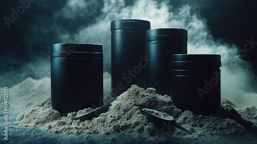 Dark Minimalistic Protein Supplement Containers with White Powder