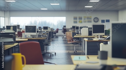 A modern office filled with tables, chairs, computers, and office supplies, absent of employees