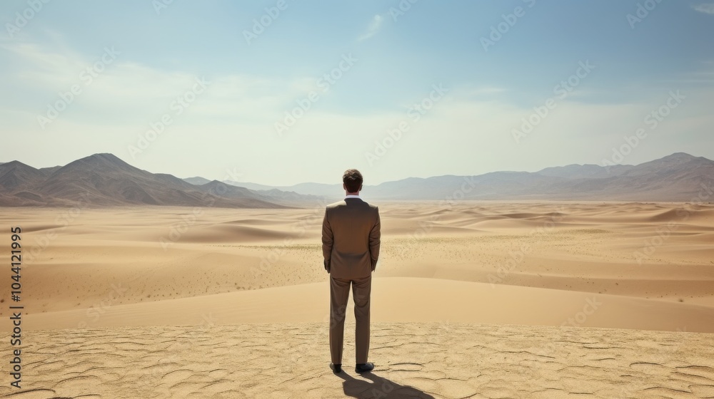 A lone businessman stands in a vast desert, surrounded by sweeping dunes, reflecting solitude and introspection under a clear blue sky. A lone businessman stands in a vast desert, surrounded by sweeping dunes, reflecting solitude and introspection under a clear blue sky.