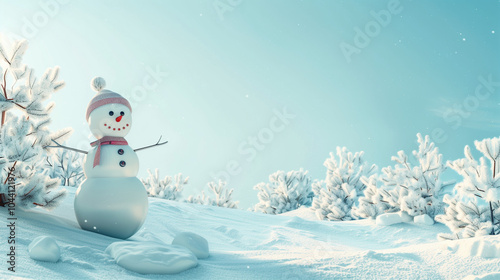 3D style of a minimal snowy scene with a snowman. Copy space for advertising text.