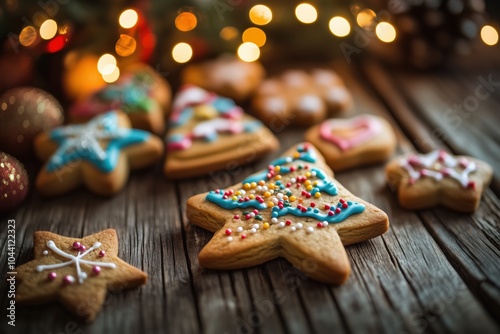 Christmas cookies on a rustic table with colorful icing and sprinkles